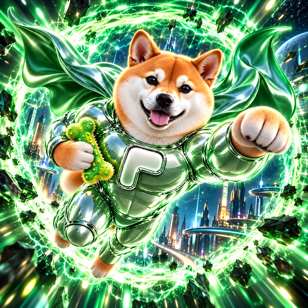 Pons Inu flying through a green energy portal with his favorite dog toy